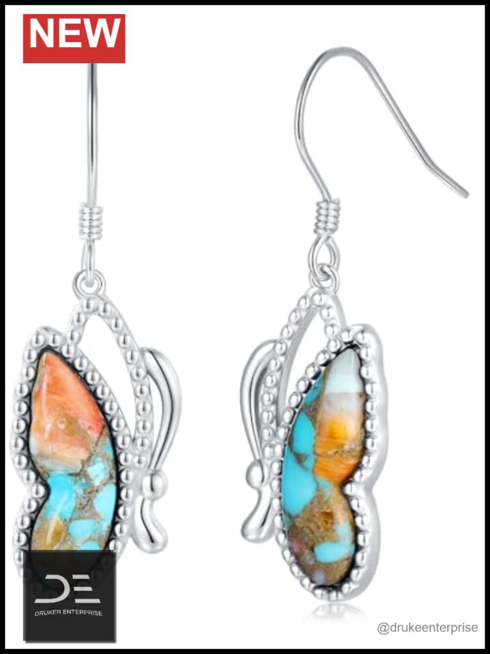 Sterling Silver Gold Wire Turquoise Butterfly Earrings Women Drop Dangle Jewelry